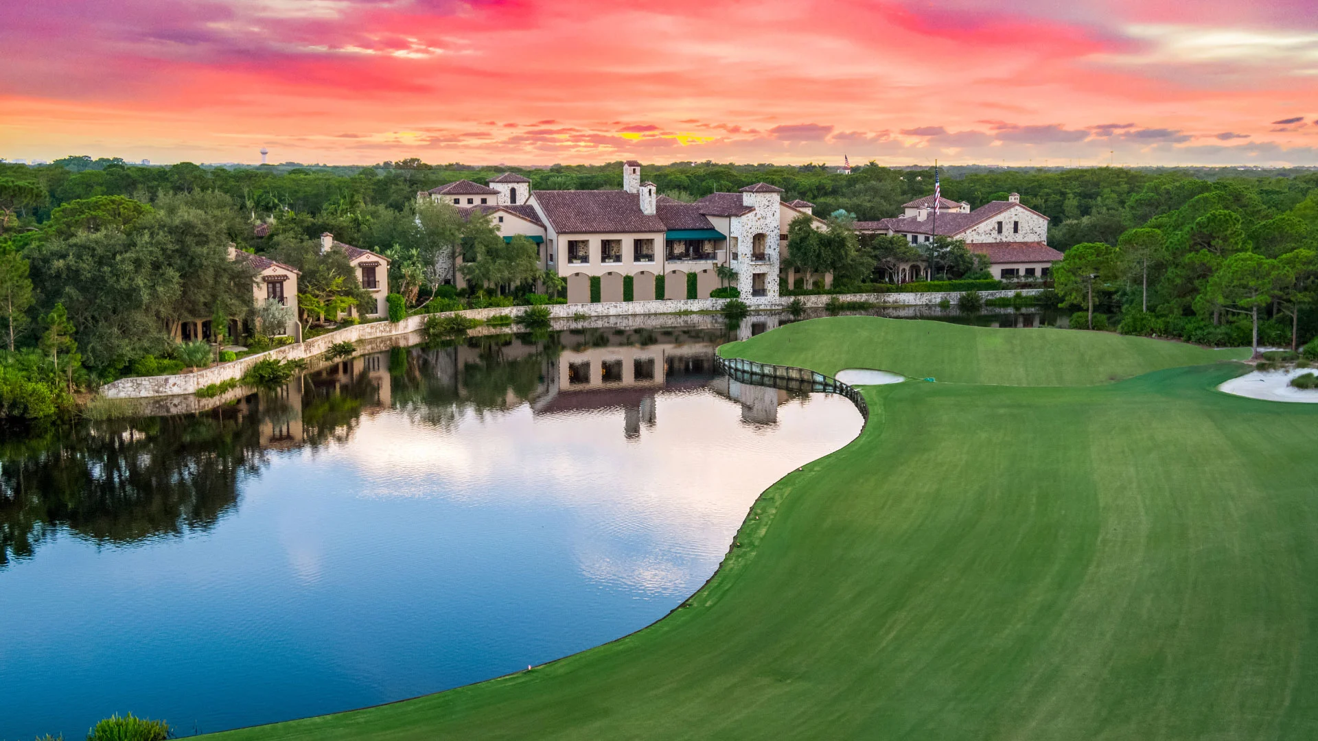 aerial view of the Bear's Club in Jupiter, Florida at sunset