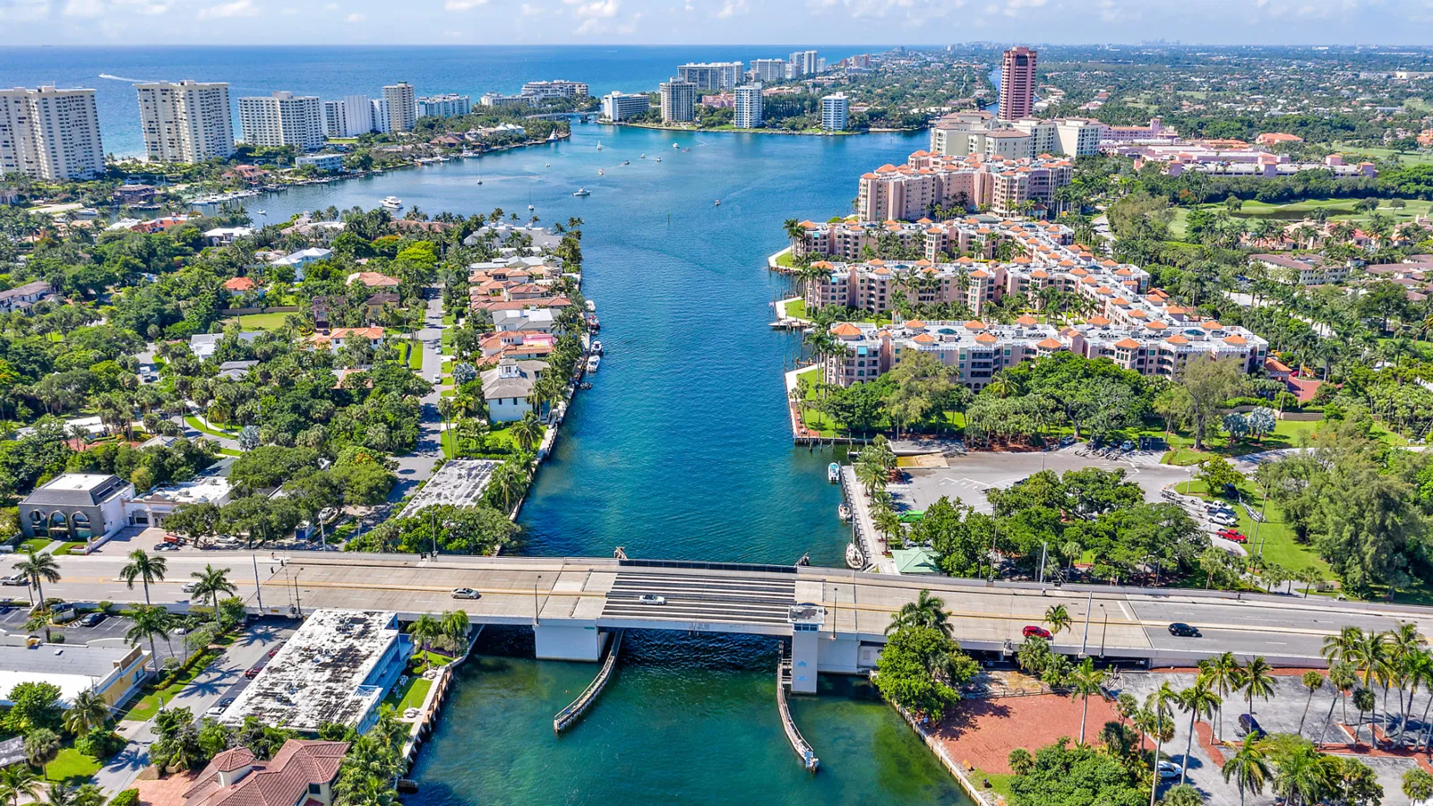 an aerial photo featuring some of the waterfront boca raton homes
