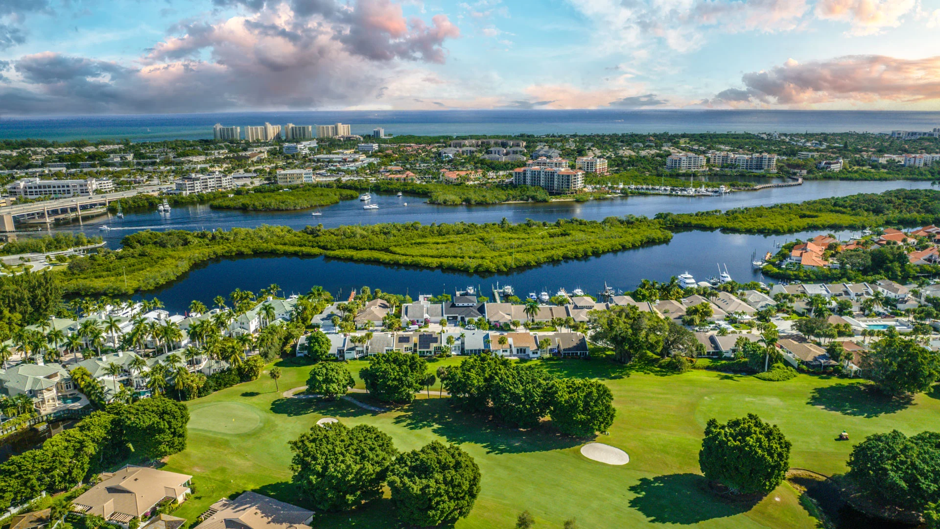 aerial view of some of the waterfront homes on the golf course at Jonathan's Landing 