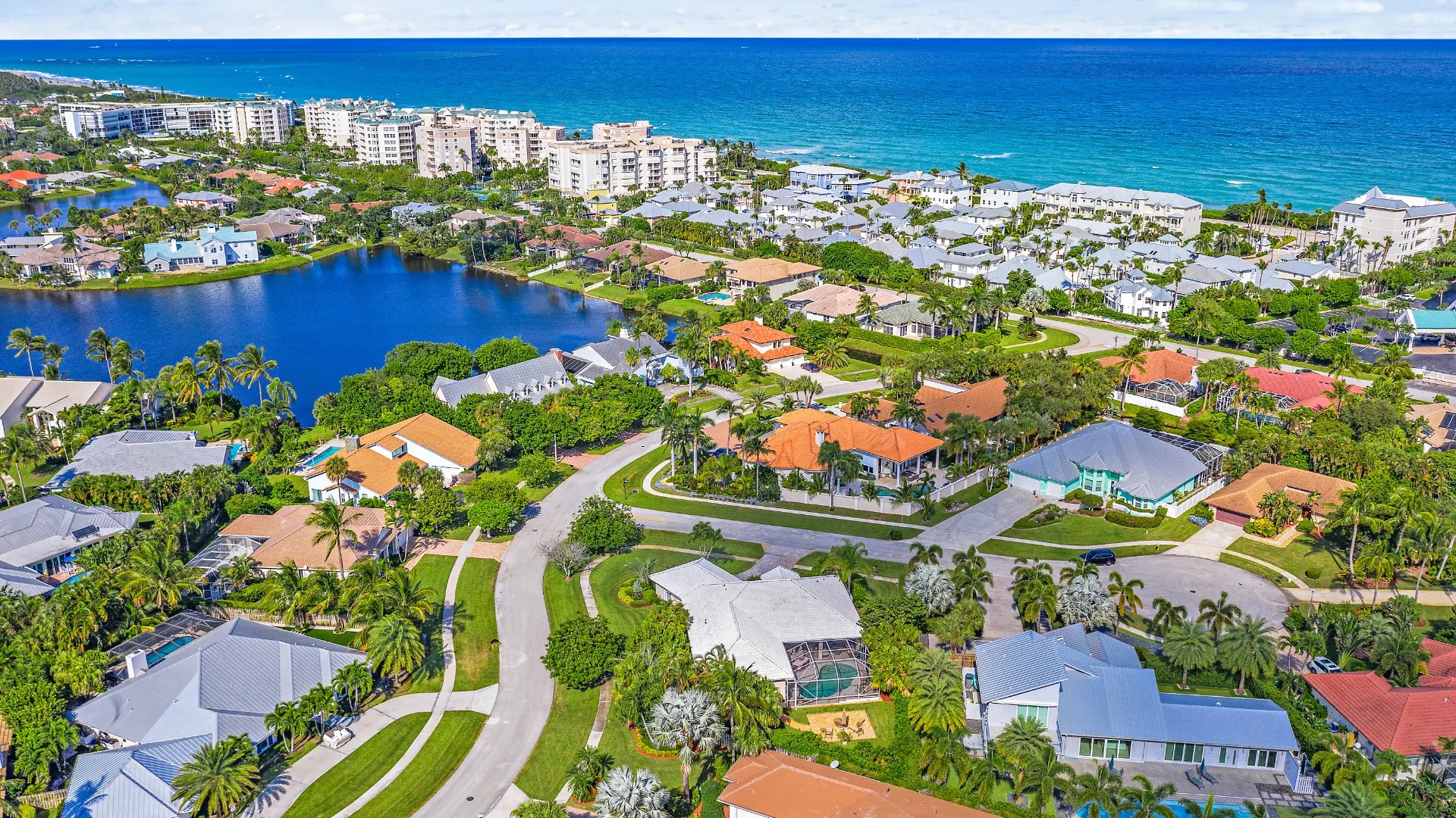 An aerial photo of some of the Juno Beach homes for sale