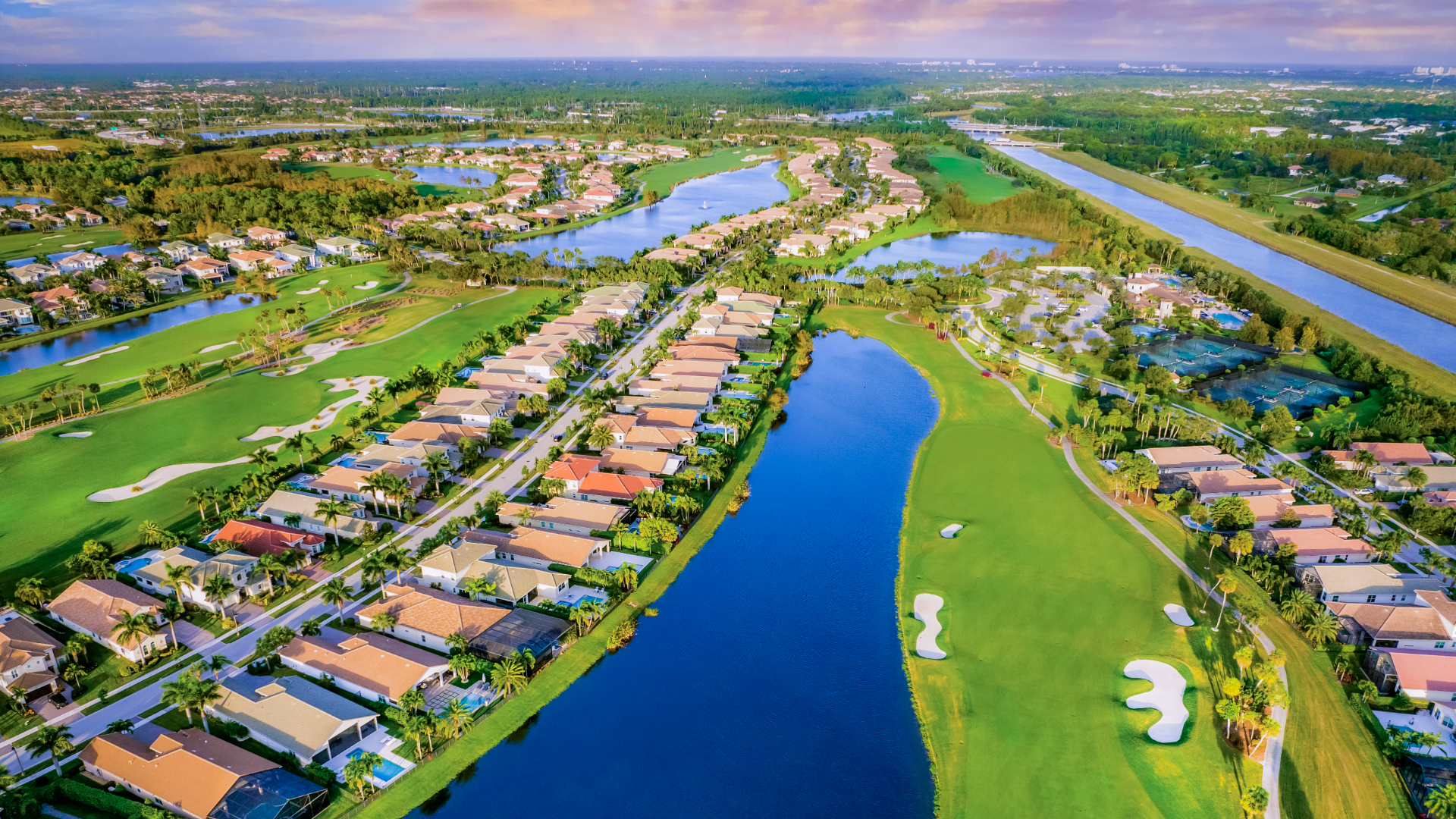 an aerial view of some of the Jupiter Country Club homes for sale