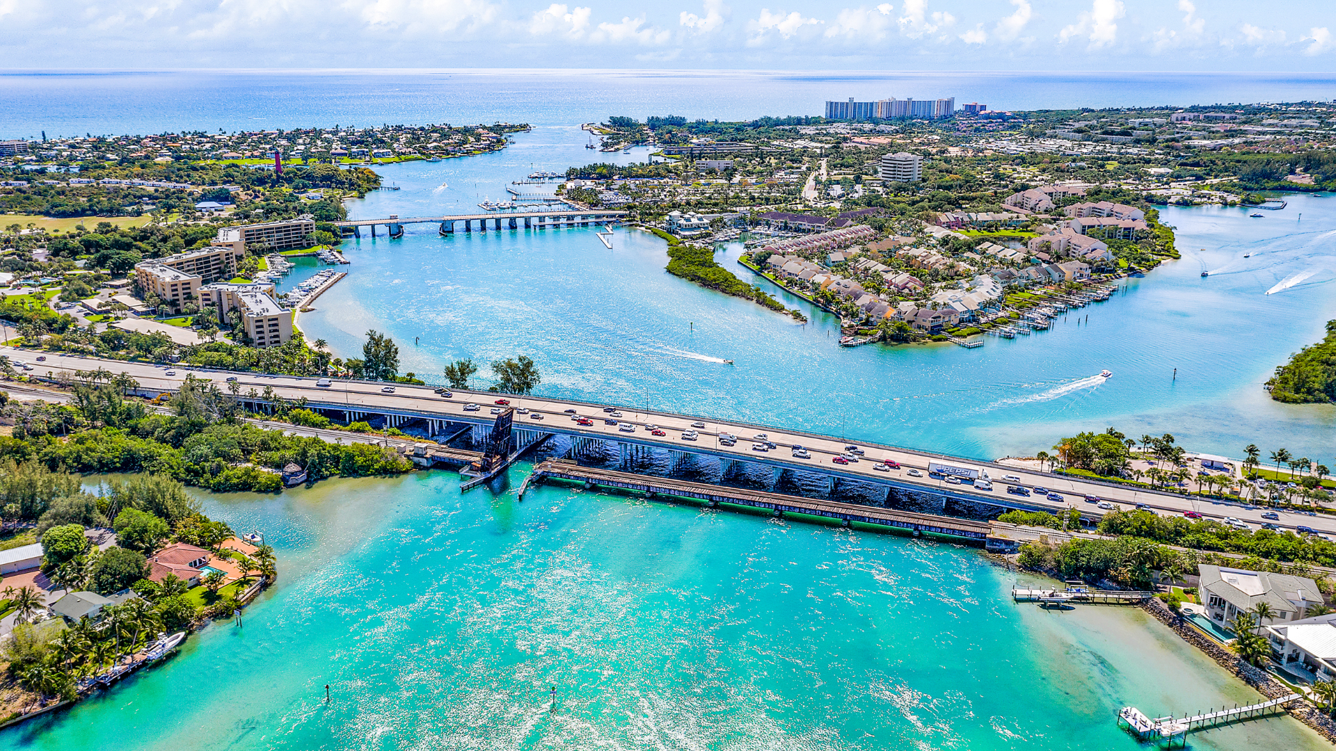 Aerial photo of the Loxahatchee River, showcasing some of the waterfront homes for sale