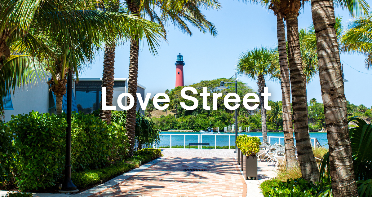 the view of the Jupiter lighthouse from Love Street in Jupiter, Florida