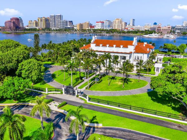 an aerial view of the Flagler Museum in Palm Beach
