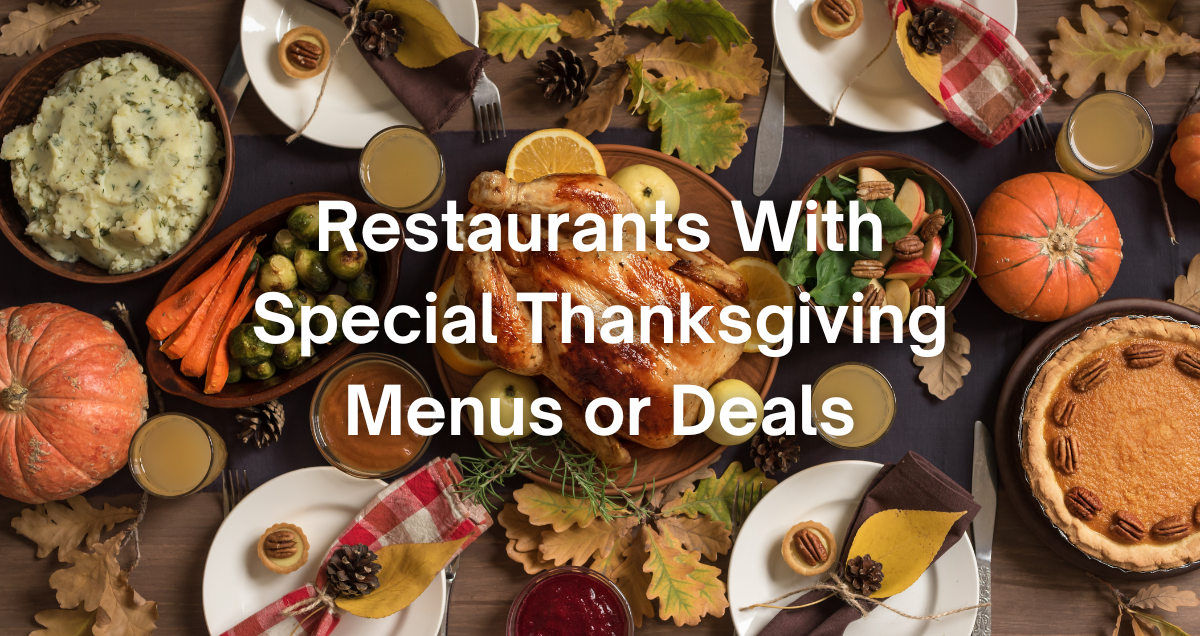 photo of a restaurant table with Thanksgiving dinner on it