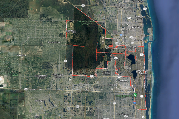 A satellite map view of the outline of West Palm Beach